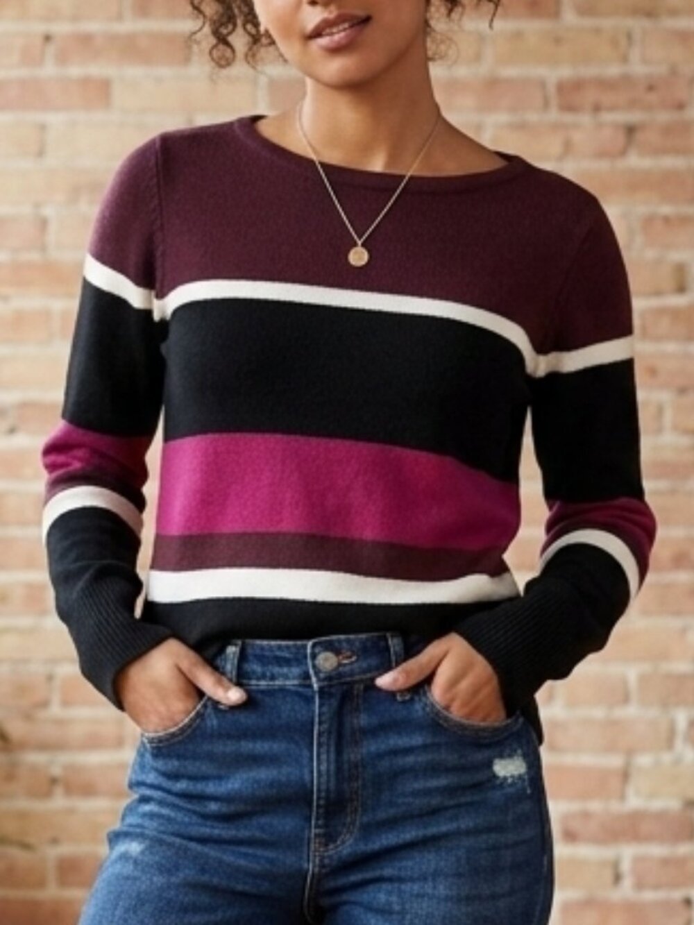Ann Taylor Factory Striped Knit Boatneck Sweater Burgundy Size L